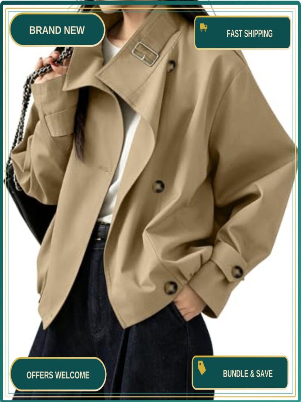 Women's Cropped Trench Coat Turtleneck Casual Jacket